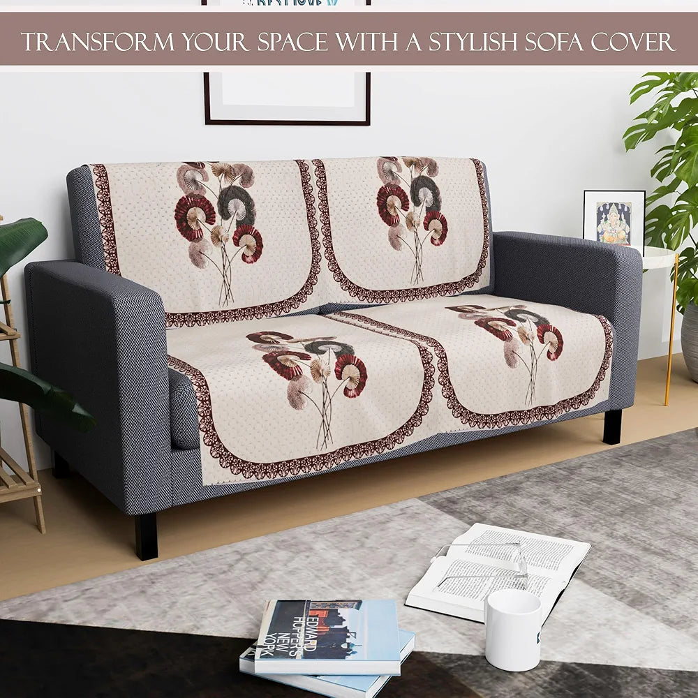 Kuber Industries Set of 4 Velvet 2 Seater Sofa Covers for Living Room Digital Flower-Cream & Brown