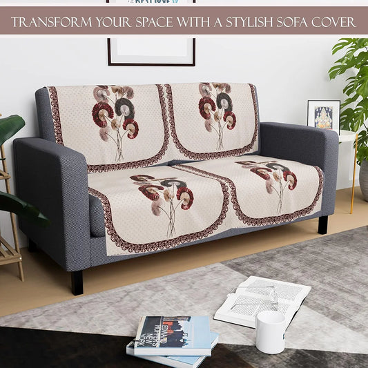 Kuber Industries Set of 4 Velvet 2 Seater Sofa Covers for Living Room Digital Flower-Cream & Brown
