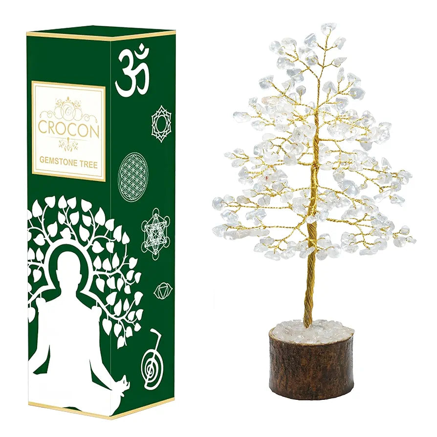 Crocon Clear Quartz Gemstone Money Tree Feng Shui Bonsai Golden Wire