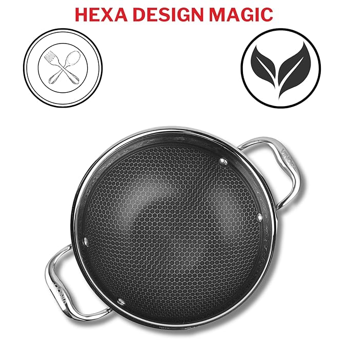 Vinod Sas Pro Platinum Stainless Steel Non Stick Extra Deep Kadai With Lid- 2.4 Litre, 22cm | Hexa Design Triply Kadhai | Ceramic Coating | Induction Base