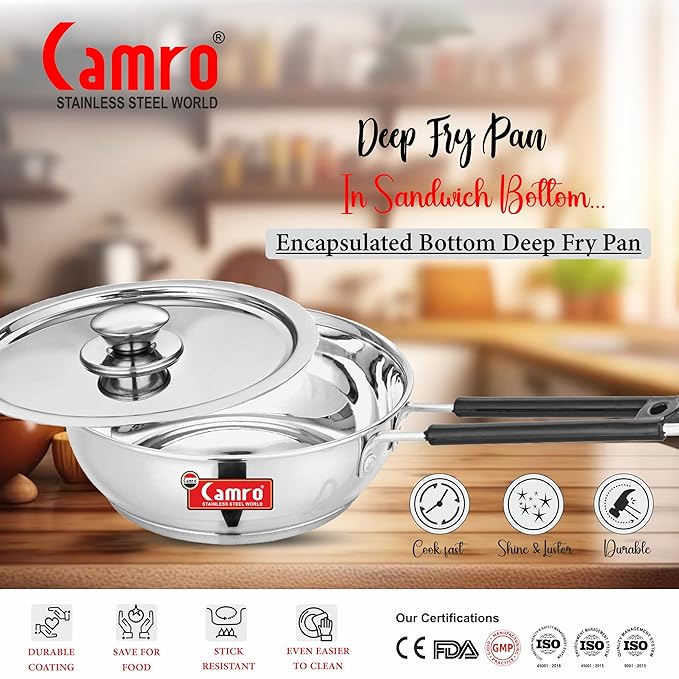 Camro Induction Deep Fry Pan with Lid 11 No 1.2 Liters Stainless Steel Compatible with All cooktops