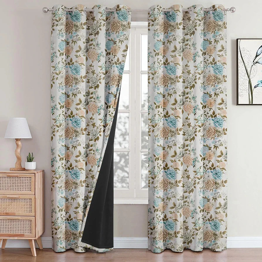 Cloth Fusion Blackout Printed Premium Door Curtains 7 Feet Long Set of 2 Blue Blooms
