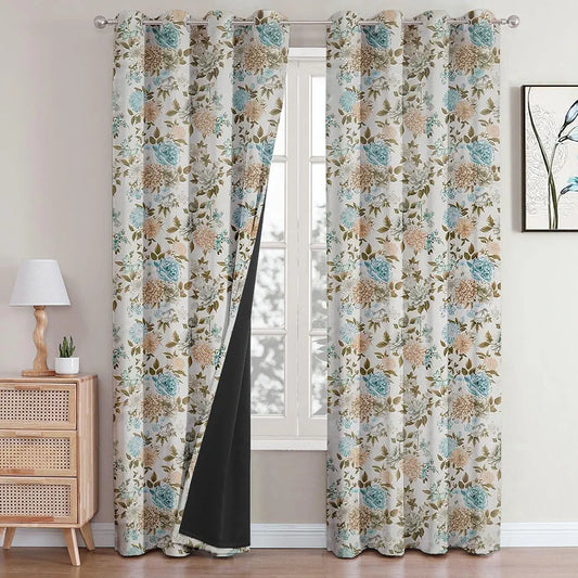 Cloth Fusion Blackout Printed Premium Door Curtains 7 Feet Long Set of 2 Blue Blooms
