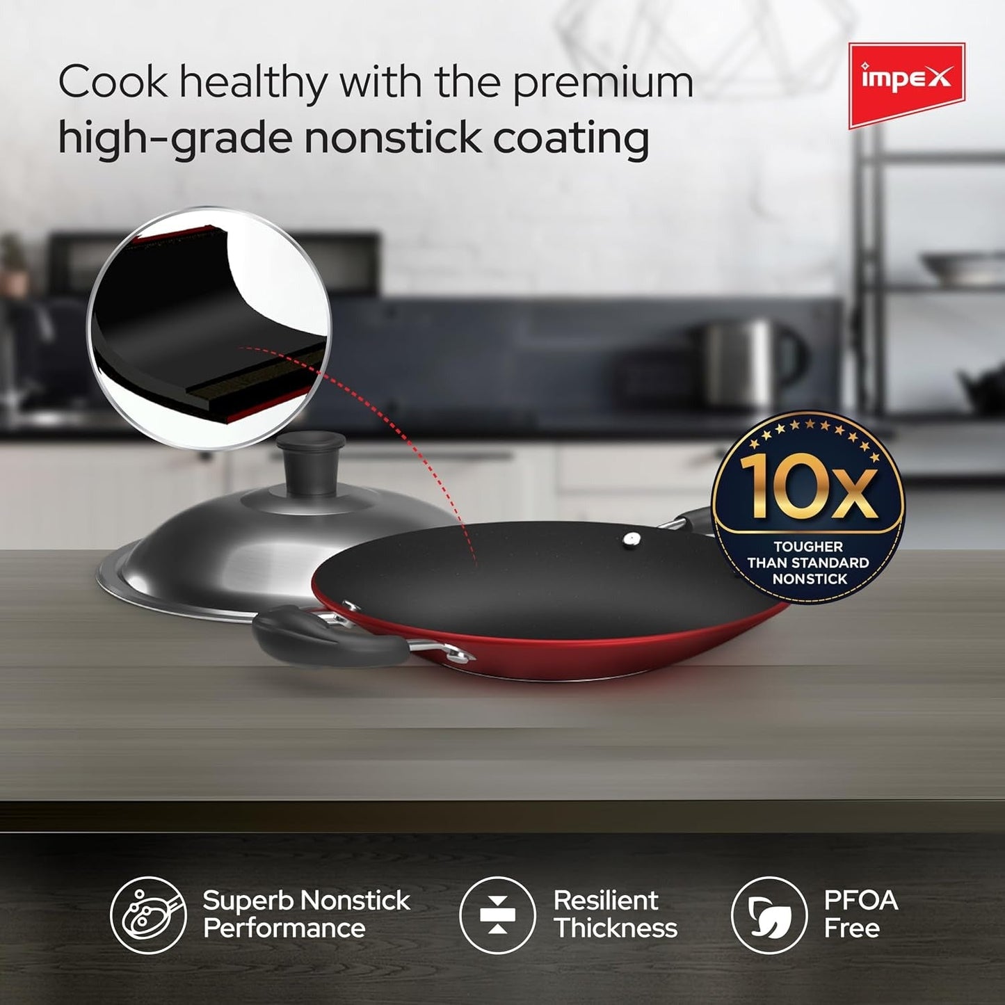 Impex IAC-2030 Premium Non-Stick Aluminium Appachatty 20cm Maroon Induction Base