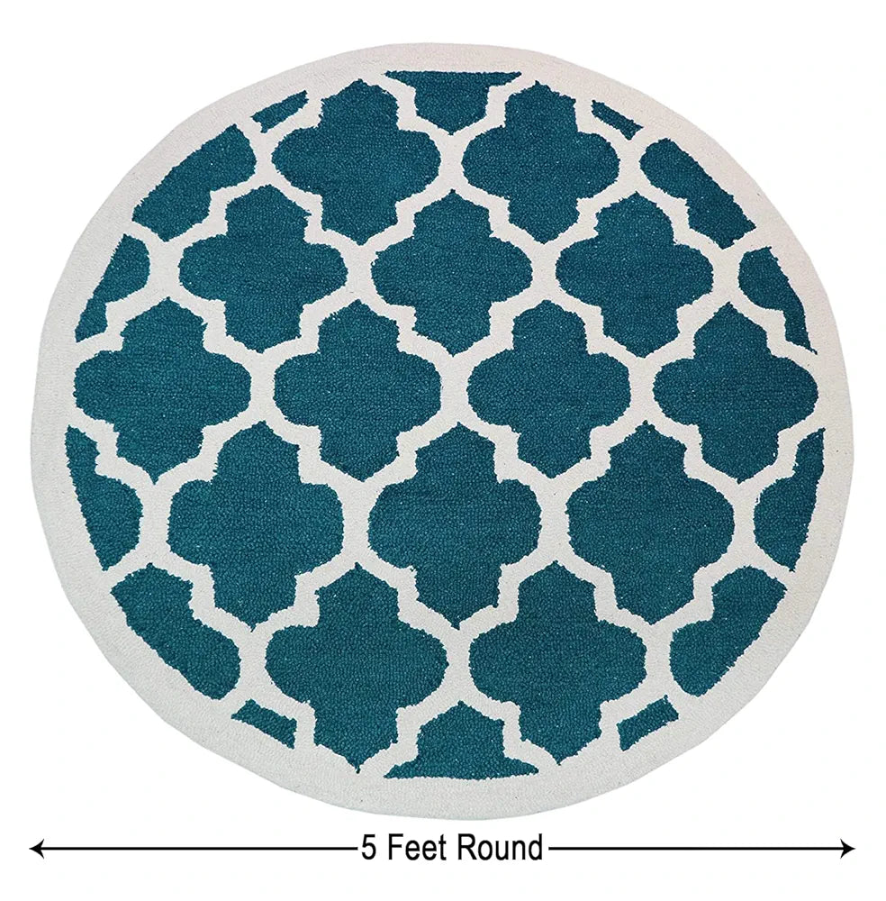 The Home Talk Tufted Round Wool Carpet for Living Room Bed Room Hall Coffee Table 5 Diameter Blue Quatrefoil