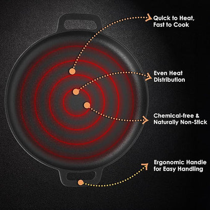 Solara Crown Stone Premium Cast Iron Tawa for Dosa 30 Cm With 2 Loops | Tawa for Dosa | Gas & Induction Friendly