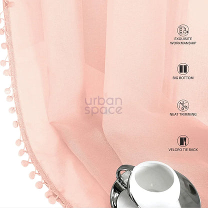 Urban Space Linen Textured Sheer Curtain for Door Living Room,Readymade Curtain with Rod Pocket, Set of 2 Decorative Curtains Blush Pink with Pom pom