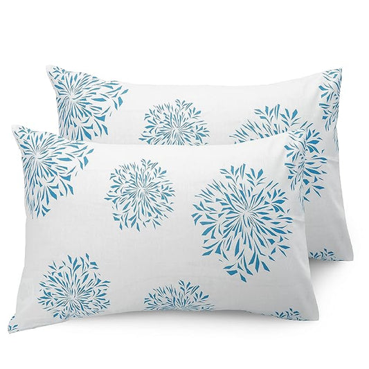 Huesland by Ahmedabad Cotton 144 TC Cotton Pillow Covers Set of 2 | White (Blue Print)