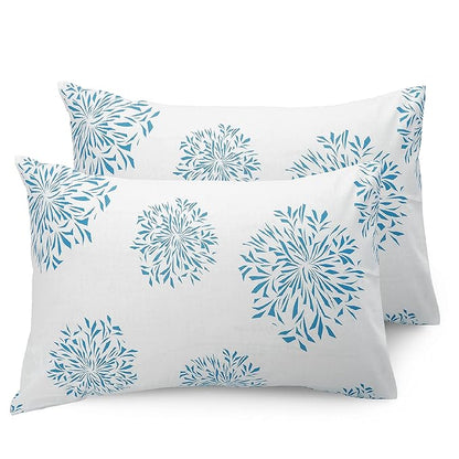 Huesland by Ahmedabad Cotton 144 TC Cotton Bedsheets for King Size Bed with 2 Pillow Covers | White (Blue Print)