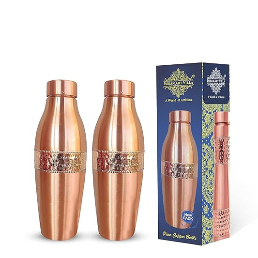 Indian Art Villa Pure Copper Leak Proof Bottle with Half Hammered Design