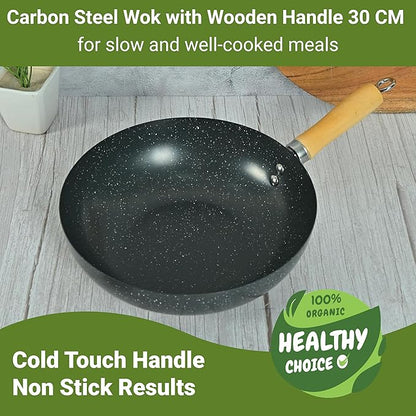 Femora Carbon Steel Wok 30 Cm With Wooden Handle | 3 Layer Non-stick Coating Wok | Black