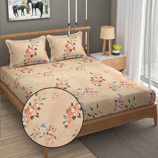 Fresh From Loom Fitted King Size Bedsheet with 2 Pillow Covers Microfiber 240 TC Beige Floral Design