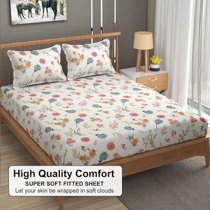 Fresh From Loom Floral Print 240 TC Microfiber King Size Fitted Bedsheet Set with 2 Pillow Covers Pastel Cream