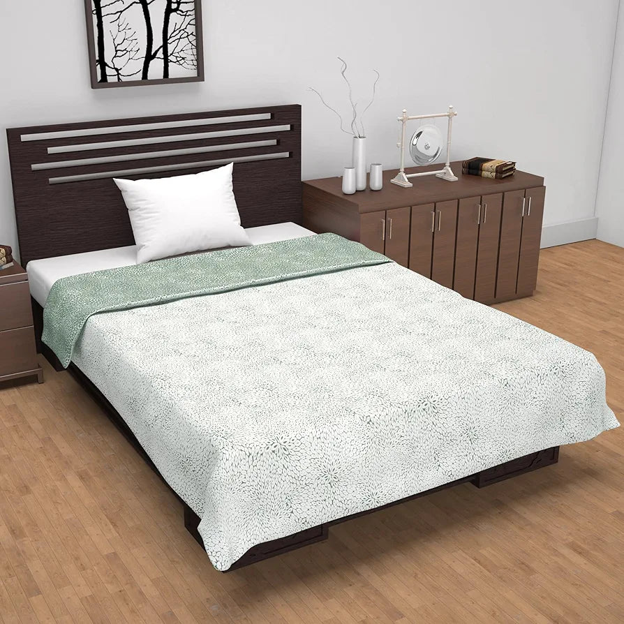 Divine Casa 120 GSM Microfiber Single Dohar Soft & Lightweight Throw Blanket Floral Burst Pattern Colour Sage Green & White