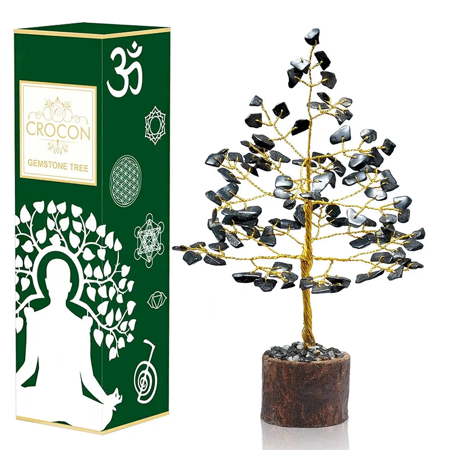 Crocon Black Tourmaline Gemstone Money Tree Feng Shui Bonsai Golden Wire