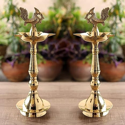 Indian Art Villa Pure Brass Shine Finish Stand Pillar Diya Deepak Lamp 14 Inches, Set of 2