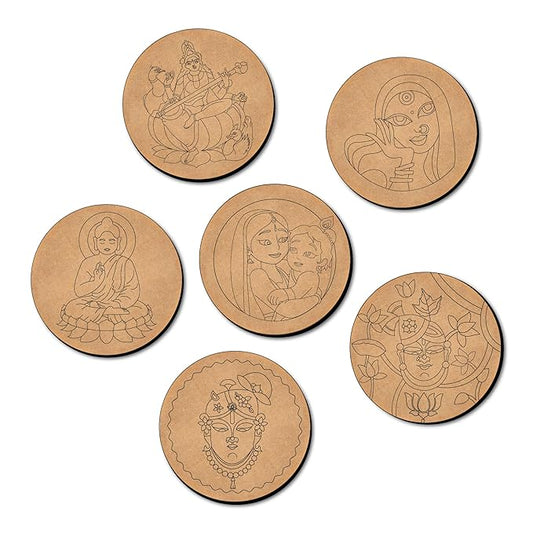 Mini Leaves Paint Your Own Mandala Art Coasters, Pack of 6 Coasters Diy Painting Craft Kit for Kids and Adults | Brown