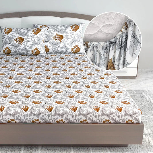 Divine Casa 144 TC Floral Print Brown Skin Friendly 100% Cotton Fitted Bedsheets King Size Colour Biscuit