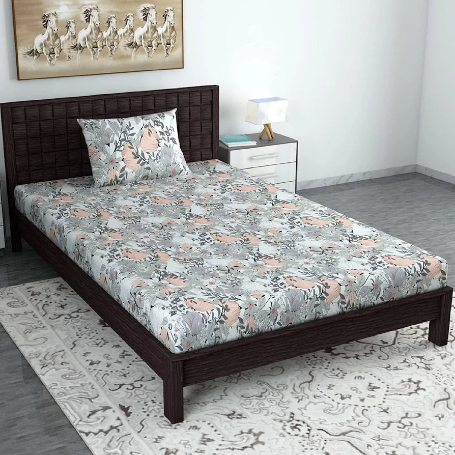 Divine Casa 144 TC Pure Cotton Single Bedsheet with 1 Pillow Cover Floral Pattern Colour Blush Grey