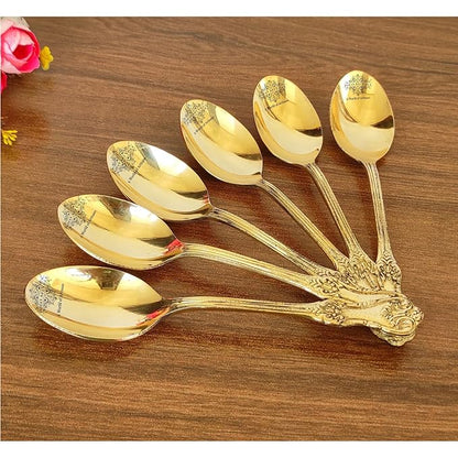 Indian Art Villa Brass Designer Spoon Tableware Home Hotel Length 6.5 Inch (Pack of 6)