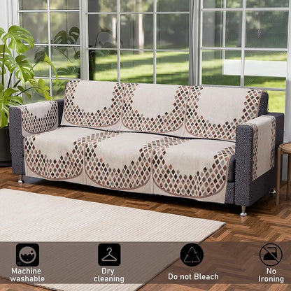 Kuber Industries Set of 16 Velvet Anti-Skid Sofa Cover 5-Seater with Arm Cover Dot Border Cream & Brown