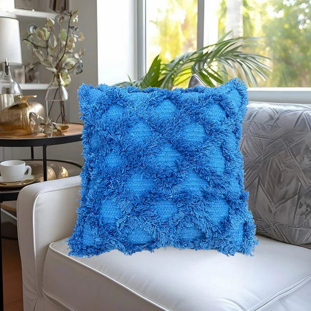Sajavat Home Hand-Knitted Pure Cotton 3 Seater Sofa Throw with Cushion Cover Colour Egyptian Cushion & Multi Blue Throw