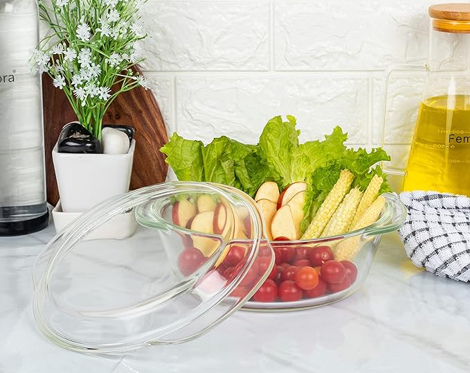 Femora Borosilicate Serving Bowl | Glass Casserole Set, Glass Bowl With Lid, Microwave Safe Bowl Set | 1550 Ml