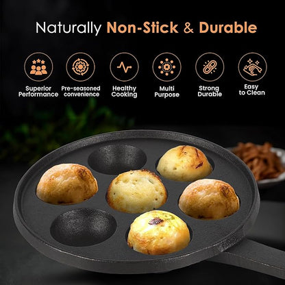 Solara Crownstone Premium Cast Iron Paniyaram Pan 7 Cavities, 20 Cm Appam Patra With Handle | Cast Iron Cookware