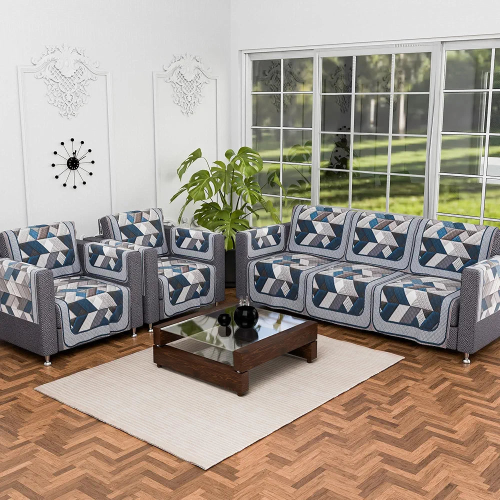 Kuber Industries Set of 16 Velvet Anti-Skid Sofa Cover 5-Seater with Arm Cover Triangular-Grey & Blue