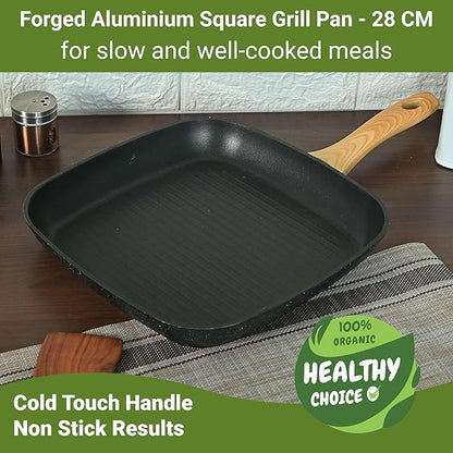 Femora Foged Die Cast Aluminium Non Stick 28 Cm Square Grillpan With Wood Finish Handle | Granite Finish | Induction & Gas Ready