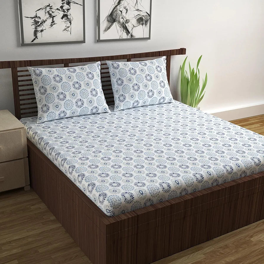 Divine Casa 144 TC 100% Cotton Bedsheet for Double Bed with 2 Pillow Cover Colour Blue Beige