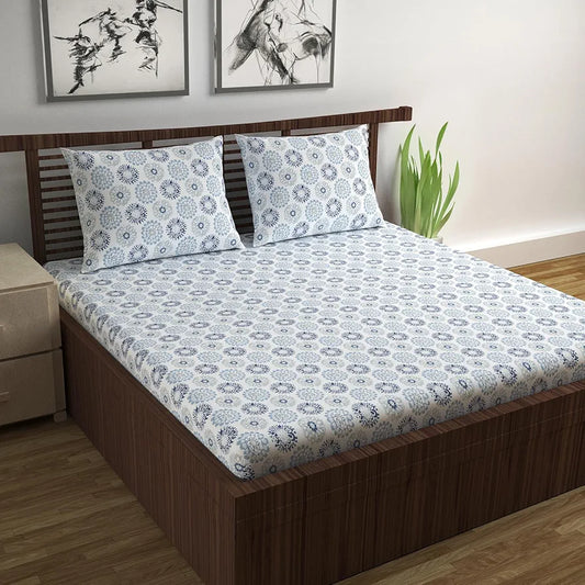 Divine Casa 144 TC 100% Cotton Bedsheet for Double Bed with 2 Pillow Cover Colour Blue Beige