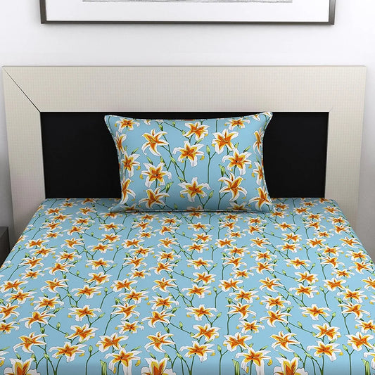 Divine Casa 100% Cotton Bedsheet for Single Bed 144 TC Bedsheet Single Size Bed Cotton with 1 Pillow Cover Colour Soft Sky Blue