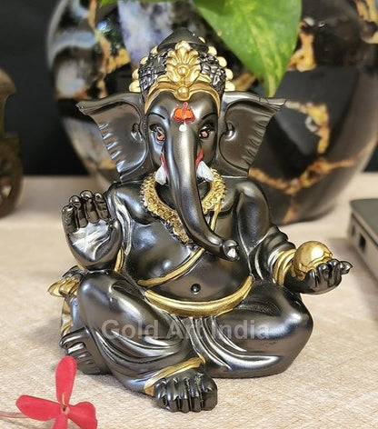 Gold Art India Gaddi Ganesha Idol Magnet Color with Golden Jewelry Perfect for Car Dashboards