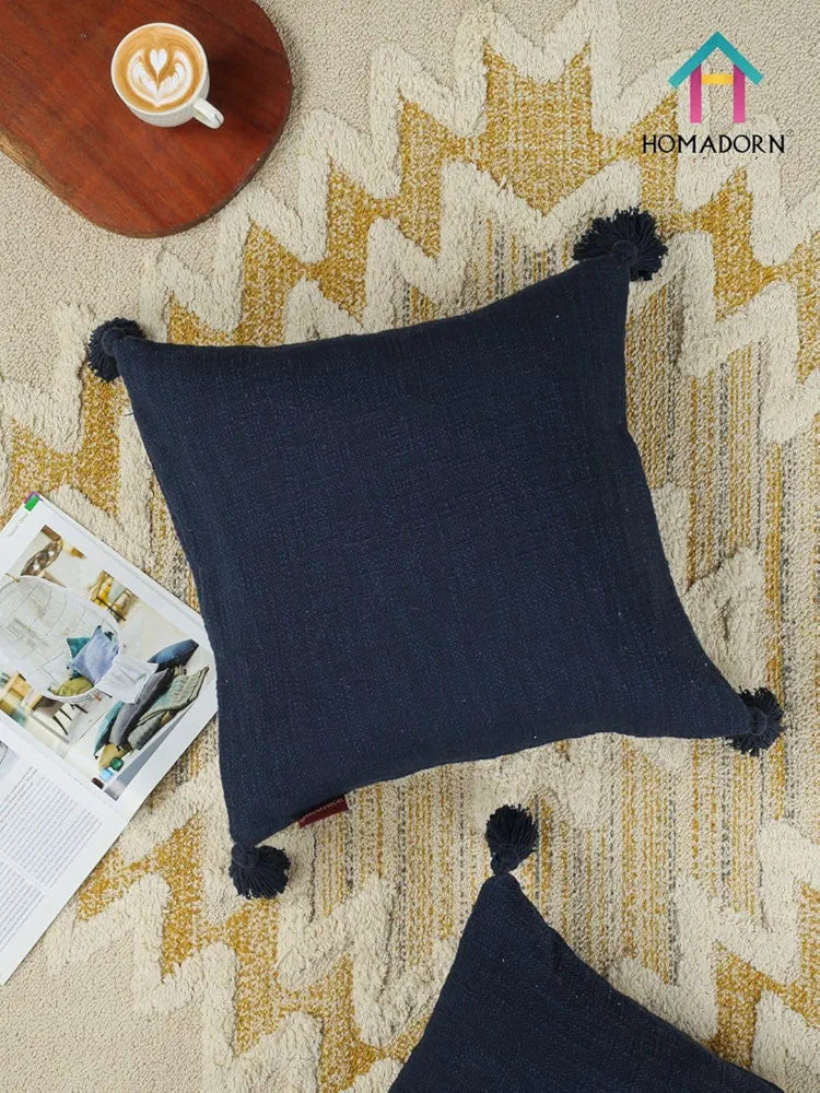 Homadorn Luxury Cotton Handmade Decorative Boho Throw Pillow Covers Colour Navy