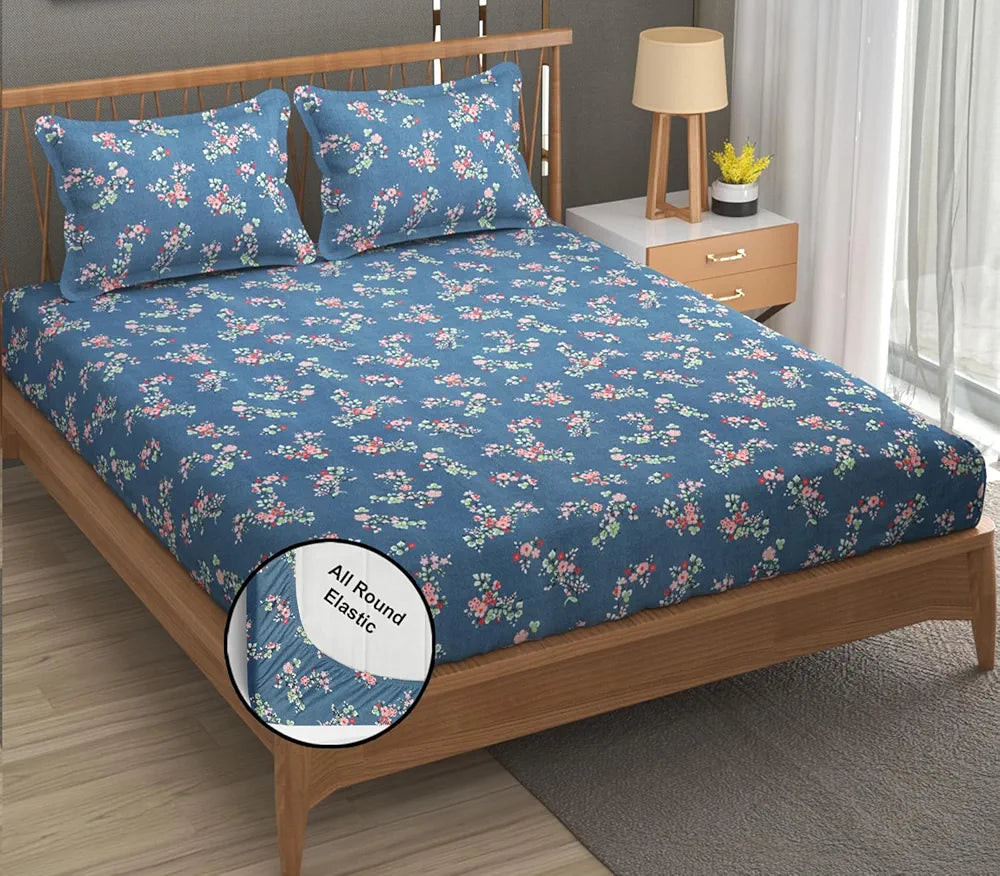 Fresh From Loom Anti Fade Floral Print 240 TC Microfiber King Size Fitted Bedsheet with 2 Pillow Covers Greyish-Blue