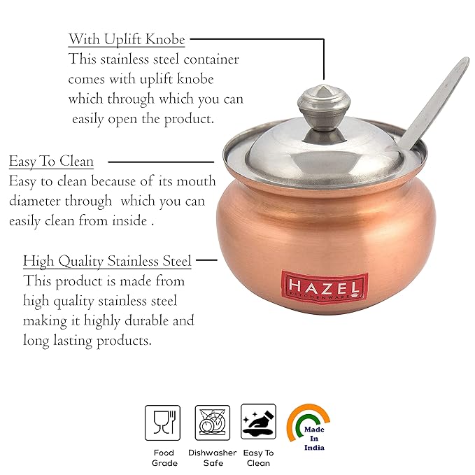 Hazel Ghee Pot with Spoon 150 ml Copper Coated Stainless Steel Ghee Container for Kitchen