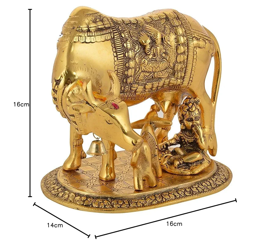Chhariya Crafts Oxidized Metal Krishna With Religious Kamdhenu Cow With Calf Handmade Handicraft Gold