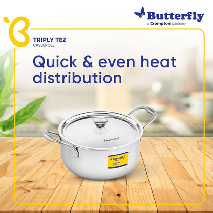Butterfly Tez Triply Casserole | 3 Litres| Stay Cool Handle | Induction Compatible