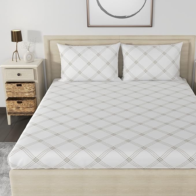 Huesland by Ahmedabad Cotton 186 TC King Size Bedsheet Cotton with 2 Pillow Covers | White (Brandon Beige Pattern)