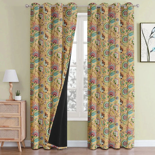 Cloth Fusion Blackout Printed Premium Door Curtains 7 Feet Long Set of 2 Yellow Garden