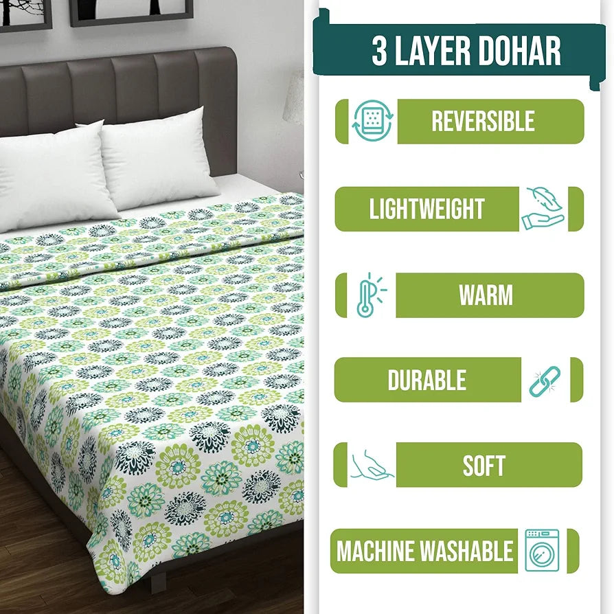 Divine Casa Floret 100% Cotton Double Dohar 120 GSM Soft & Lightweight Throw Blanket Colour Green Blue
