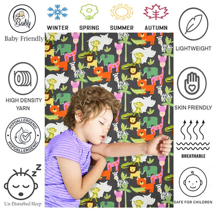Fresh From Loom Glace Cotton Elastic Fitted Bed Sheet with 1 Pillow Cover Cartoon Printed Bedsheet Black Animal 300 TC Multicolor