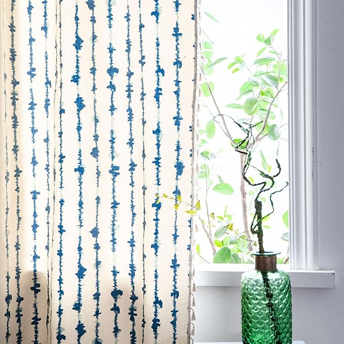 Huesland Cotton Curtains for Door, 7 Feet Long 1 Bohemian Eyelet Curtain | Blue Vertical Stripes