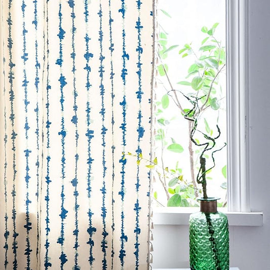 Huesland Cotton Curtains for Door, 7 Feet Long 1 Bohemian Eyelet Curtain | Blue Vertical Stripes