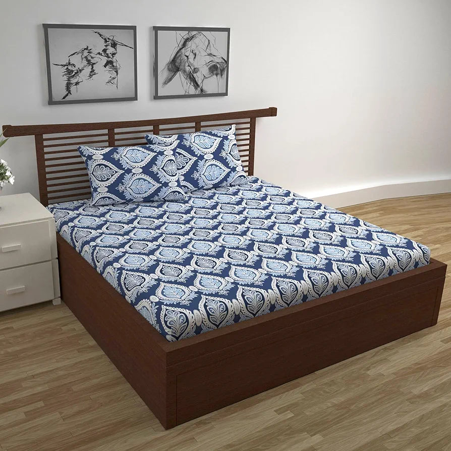 Divine Casa 144 TC Super Soft 100% Cotton Bedsheet for Double Bed  144 Thread Count Floral Colour Dazzling Blue