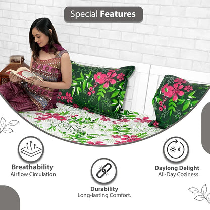 Divine Casa 144 TC Cotton Bedsheet for Double Bed with 2 Pillow Cover Colour Mint Pink