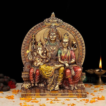 Indicast 8" Inch Cold Cast Resin Shiva With Ganesh & Parwati Showpiece Antique Decor | Metal Finish