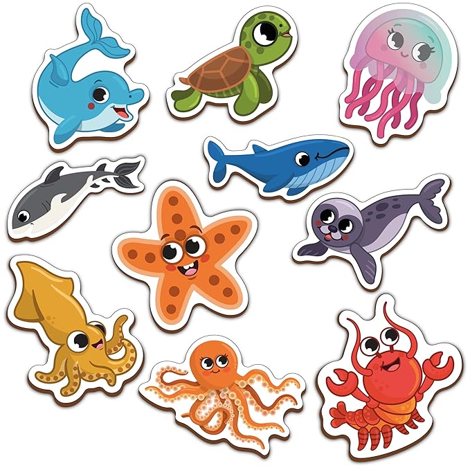 Mini Leaves Ocean Animals Wooden Fridge Magnets | Colorful Shape Learning Toy Set | Preschool Toys for Kids