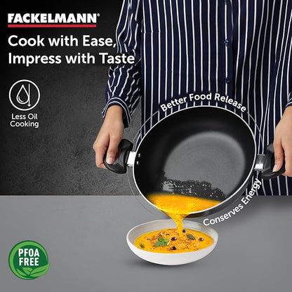Fackelmann Quartz Nonstick Kadai Glass Lid 28 cm Cool Handle Even Heating Black